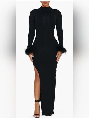 Naked Wardrobe Fine Feathers Long Sleeve Body-Con Maxi Dress